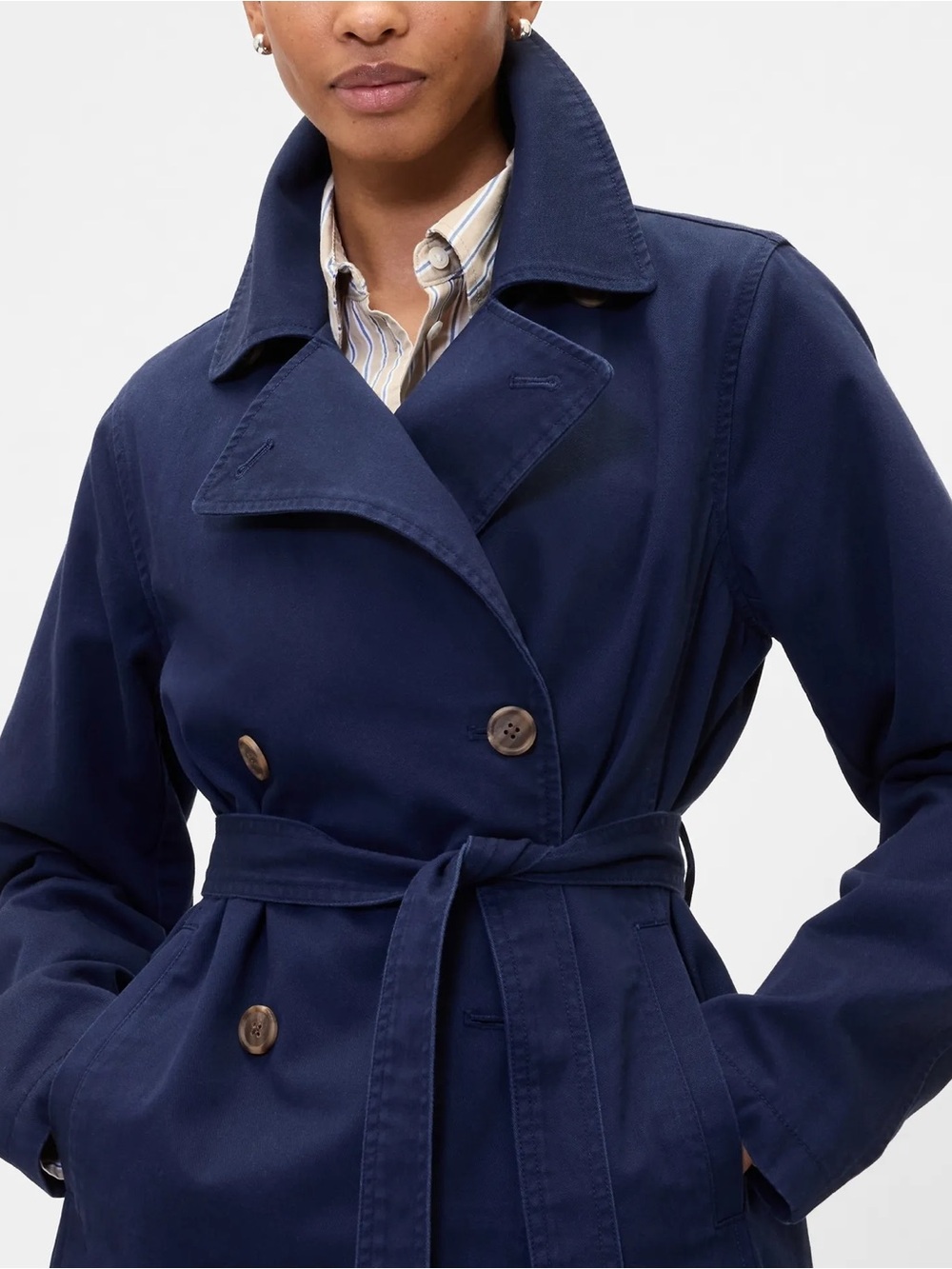 NWT Gap Modern Trench Coat XS Tapestry Navy 100% Cotton Double Breasted Belted